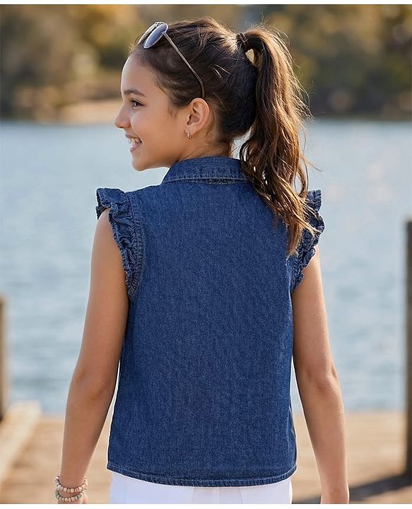 Pine Kids Cotton Woven Sleeveless Top With Floral Embroidery - Blue