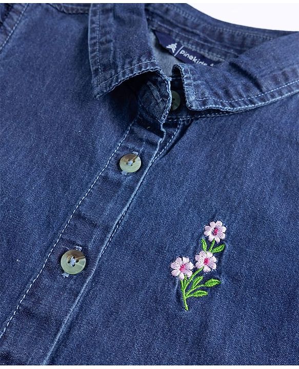 Pine Kids Cotton Woven Sleeveless Top With Floral Embroidery - Blue