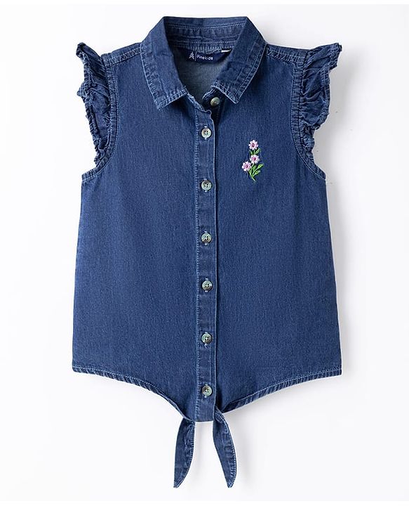 Pine Kids Cotton Woven Sleeveless Top With Floral Embroidery - Blue