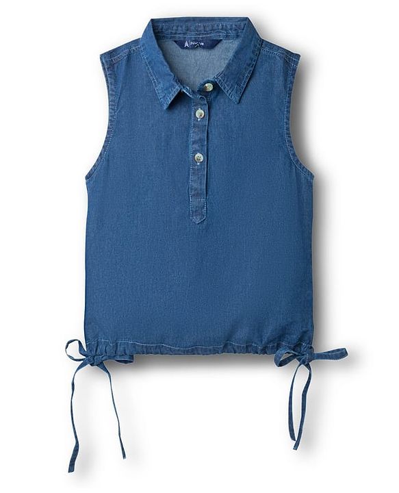 Pine Kids Cotton Woven Sleeveless Solid Colour Top with Knot - Blue