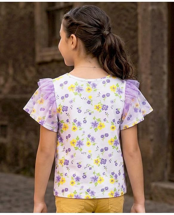 Pine Kids 100% Cotton Knit Half Flutter Sleeves Floral Printed Top - Multicolour
