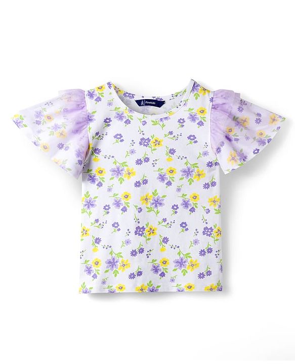 Pine Kids 100% Cotton Knit Half Flutter Sleeves Floral Printed Top - Multicolour