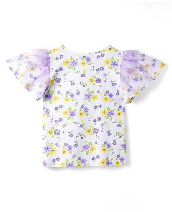 Pine Kids 100% Cotton Knit Half Flutter Sleeves Floral Printed Top - Multicolour