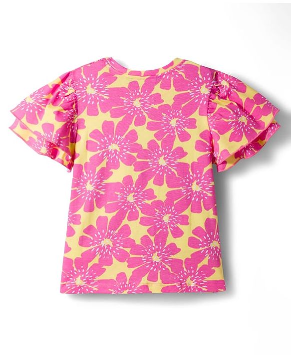 Pine Kids Cotton Knit Half Flutter Sleeves Floral Printed Top - Pink & Yellow