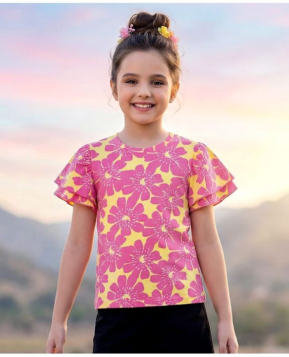 Pine Kids Cotton Knit Half Flutter Sleeves Floral Printed Top - Pink & Yellow