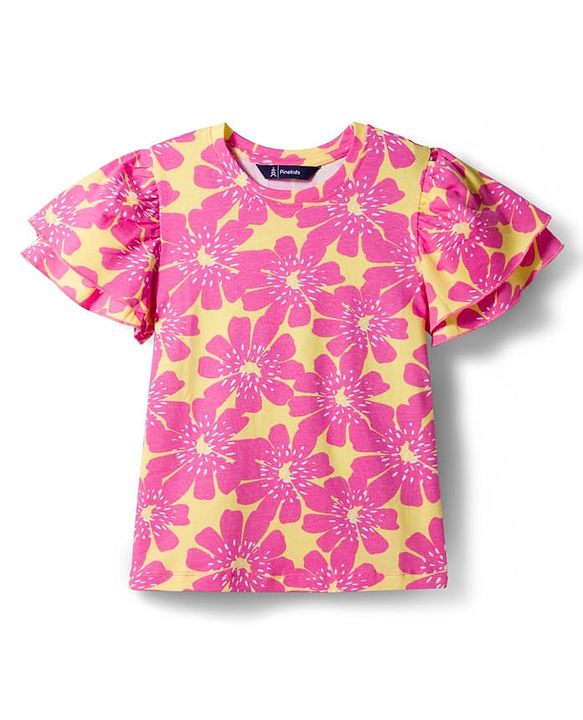 Pine Kids Cotton Knit Half Flutter Sleeves Floral Printed Top - Pink & Yellow