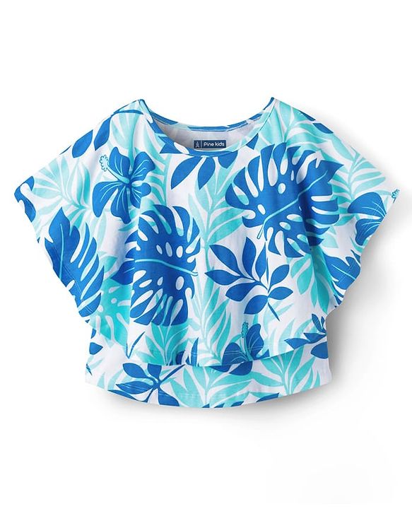 Pine Kids 100% Cotton Knit Half Sleeves Tropical Theme Printed Top - Blue