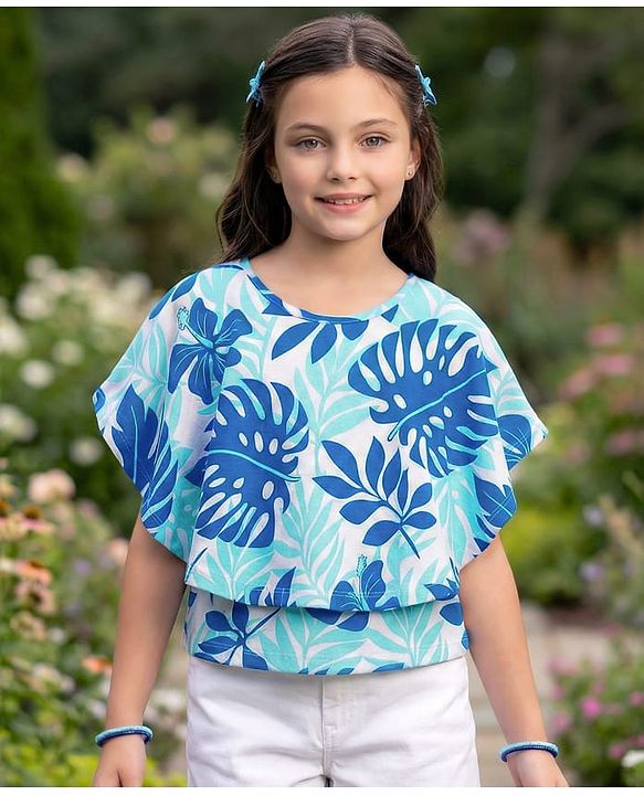 Pine Kids 100% Cotton Knit Half Sleeves Tropical Theme Printed Top - Blue