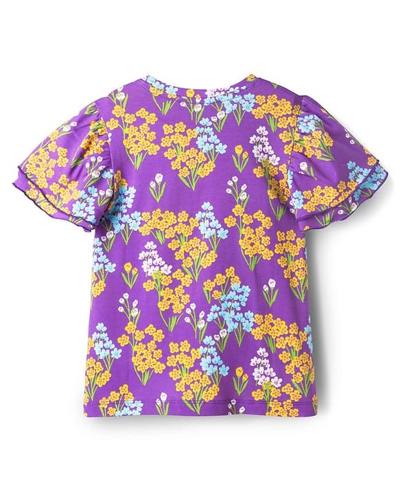 Pine Kids Cotton Knit Half Flutter Sleeves Floral Printed Top  - Lilac, Blue & Yellow