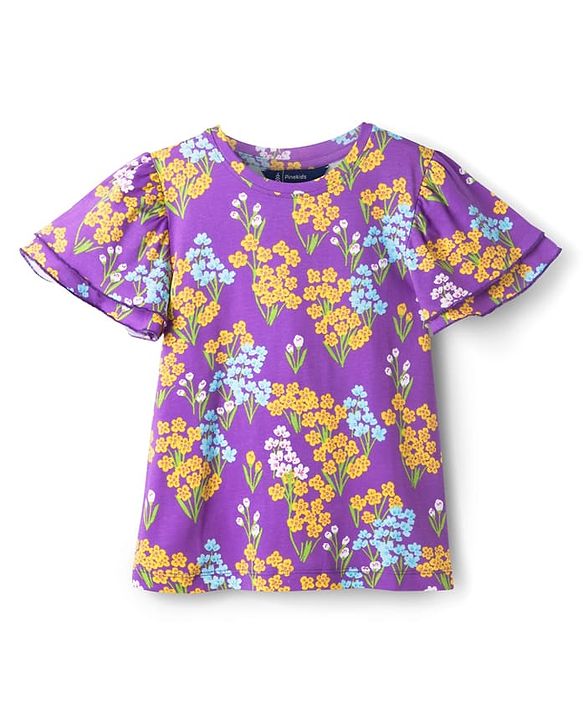 Pine Kids Cotton Knit Half Flutter Sleeves Floral Printed Top  - Lilac, Blue & Yellow