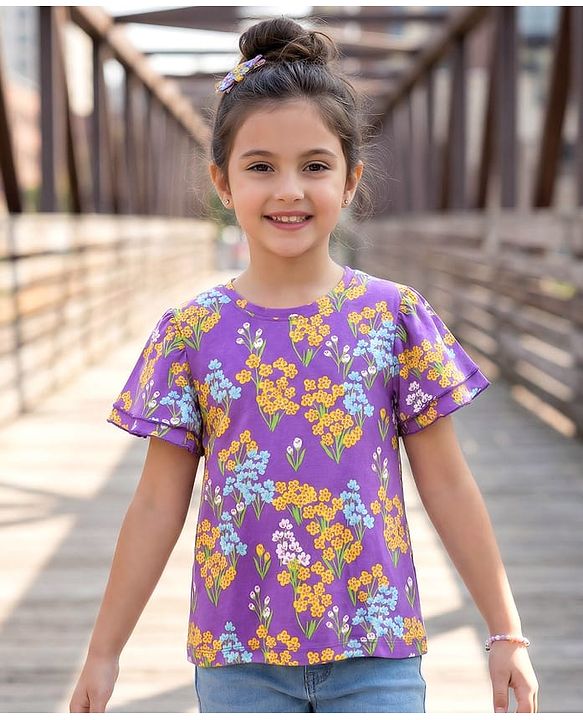 Pine Kids Cotton Knit Half Flutter Sleeves Floral Printed Top  - Lilac, Blue & Yellow