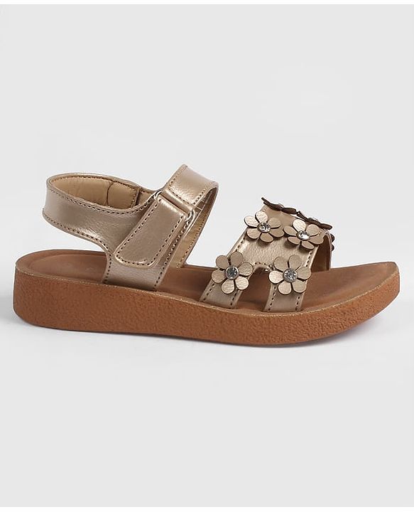 Pine Kids Velcro Closure Sandal With Floral Applique -  Golden