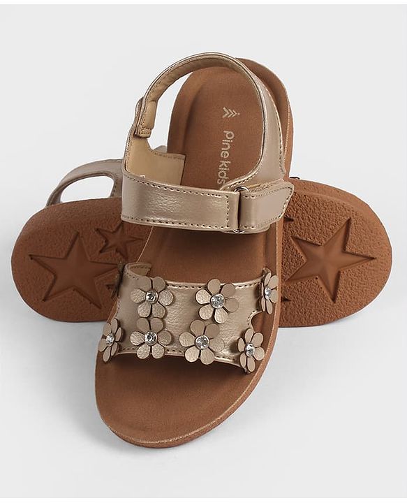 Pine Kids Velcro Closure Sandal With Floral Applique -  Golden