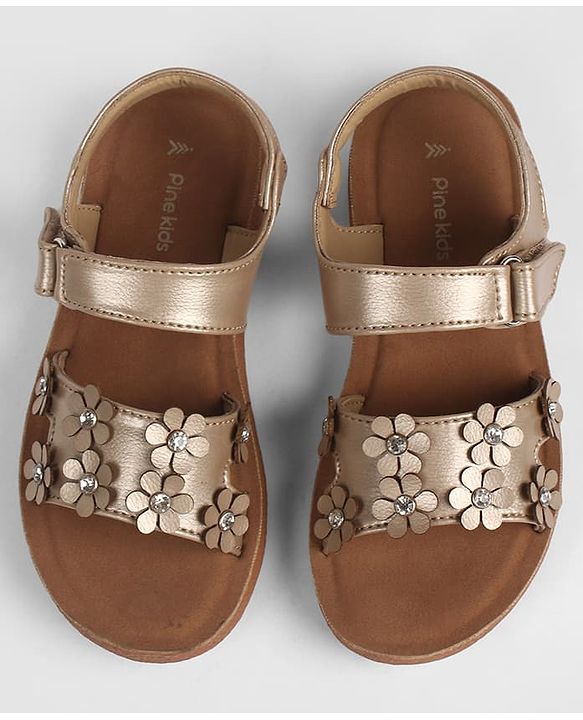 Pine Kids Velcro Closure Sandal With Floral Applique -  Golden