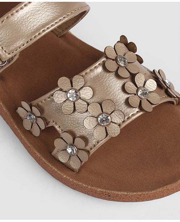 Pine Kids Velcro Closure Sandal With Floral Applique -  Golden