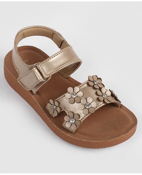 Pine Kids Velcro Closure Sandal With Floral Applique -  Golden
