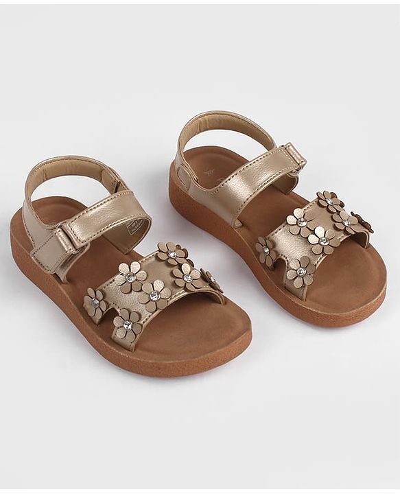 Pine Kids Velcro Closure Sandal With Floral Applique -  Golden