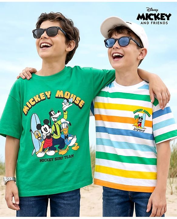 Pine Kids Disney 100% Cotton Knit Drop Shoulder Half Sleeves T-Shirts With Mickey Mouse & Friends Graphics Pack of 2- Multicolour
