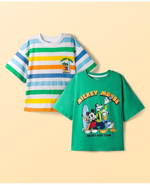Pine Kids Disney 100% Cotton Knit Drop Shoulder Half Sleeves T-Shirts With Mickey Mouse & Friends Graphics Pack of 2- Multicolour