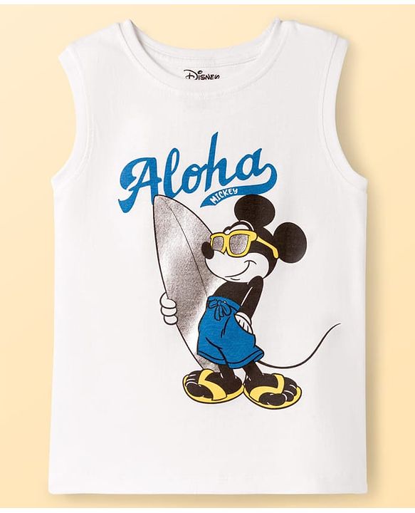 Pine Kids Disney Single Jersey Knit Sleeveless Tank T-Shirts with Mickey Mouse & Friends Graphic & Foil Detailing Pack of 2 - White & Blue