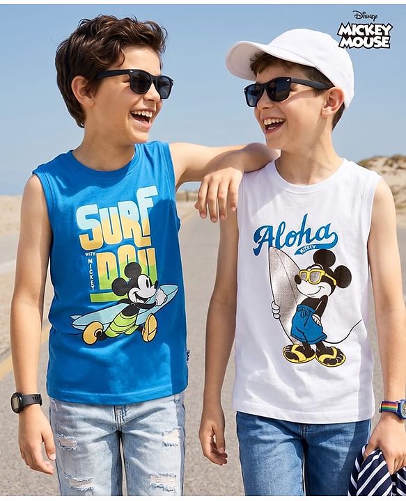 Pine Kids Disney Single Jersey Knit Sleeveless Tank T-Shirts with Mickey Mouse & Friends Graphic & Foil Detailing Pack of 2 - White & Blue