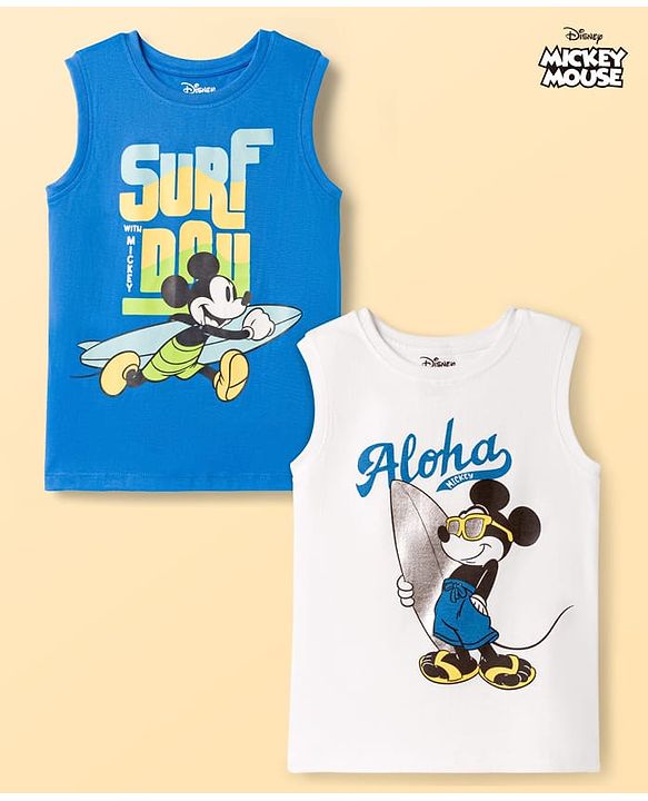 Pine Kids Disney Single Jersey Knit Sleeveless Tank T-Shirts with Mickey Mouse & Friends Graphic & Foil Detailing Pack of 2 - White & Blue