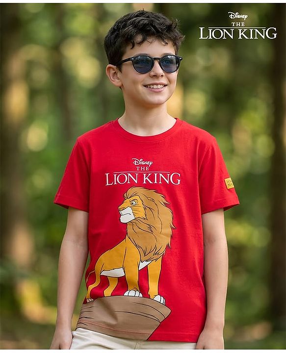 Pine Kids Disney Single Jersey Knit Half Sleeves T-Shirt with Lion King Graphic - Red
