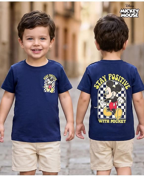 Babyhug Disney 100% Cotton Knit Half Sleeves T-Shirt With Front & Back Mickey Mouse Graphic - Navy Blue
