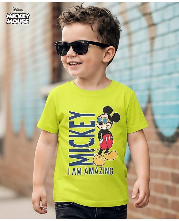 Babyhug Disney 100% Cotton Knit Half Sleeves T-Shirt With Mickey Mouse Graphic - Limegreen