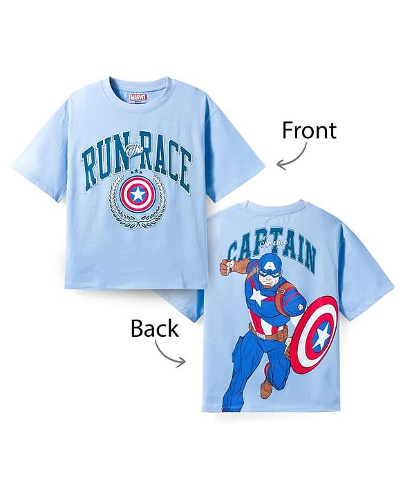 Pine Kids Marvel 100% Cotton Knit Half Sleeves T-Shirt With Front & Back Captain America Graphic - Blue