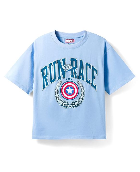 Pine Kids Marvel 100% Cotton Knit Half Sleeves T-Shirt With Front & Back Captain America Graphic - Blue