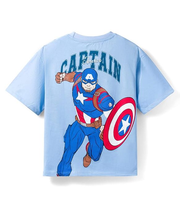 Pine Kids Marvel 100% Cotton Knit Half Sleeves T-Shirt With Front & Back Captain America Graphic - Blue