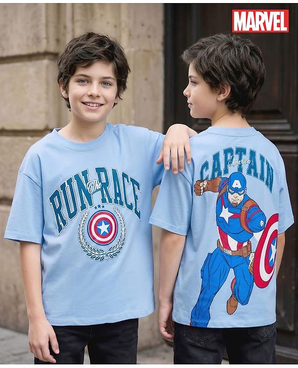 Pine Kids Marvel 100% Cotton Knit Half Sleeves T-Shirt With Front & Back Captain America Graphic - Blue