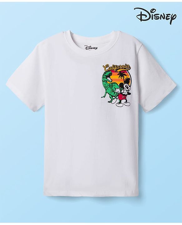 Pine Kids Disney Single Jersey Knit Half Sleeves T-Shirt with Front & Back Mickey & Dino Graphic - White