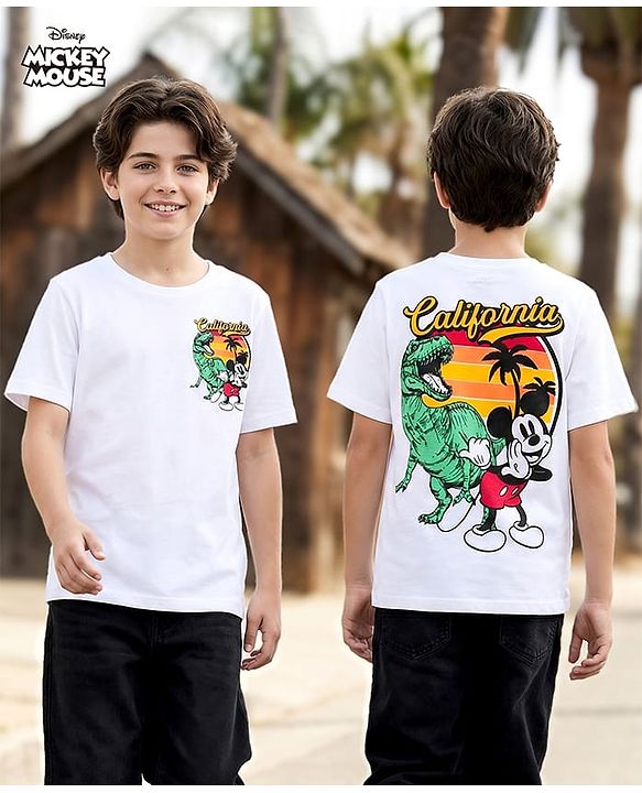 Pine Kids Disney Single Jersey Knit Half Sleeves T-Shirt with Front & Back Mickey & Dino Graphic - White