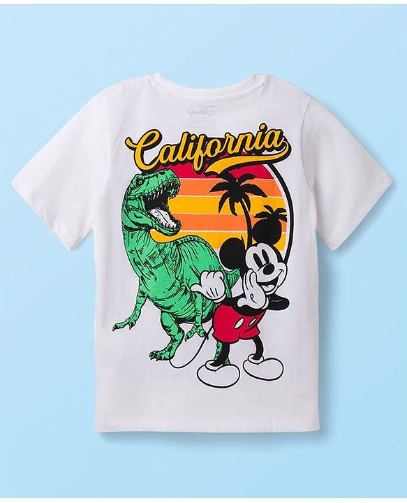 Pine Kids Disney Single Jersey Knit Half Sleeves T-Shirt with Front & Back Mickey & Dino Graphic - White