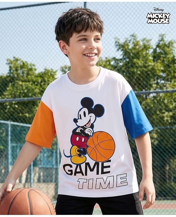 Pine Kids Disney Single Jersey Knit Drop Shoulder Half Sleeves T-Shirt with Mickey Mouse Graphic - White