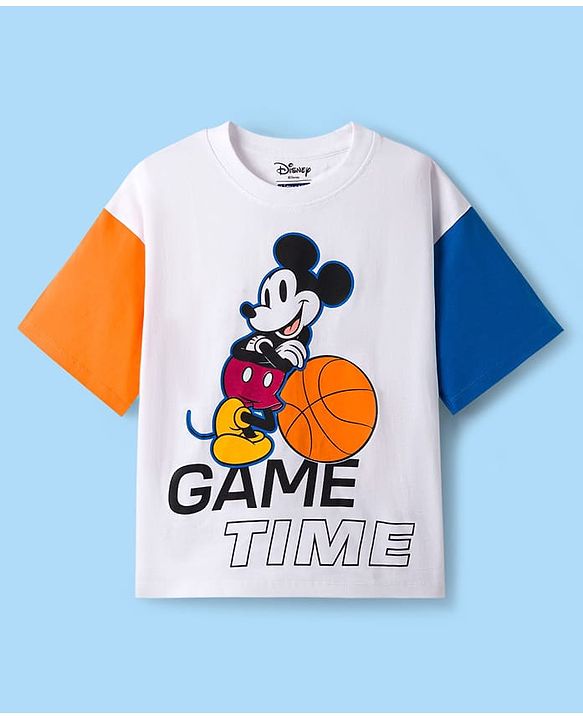 Pine Kids Disney Single Jersey Knit Drop Shoulder Half Sleeves T-Shirt with Mickey Mouse Graphic - White