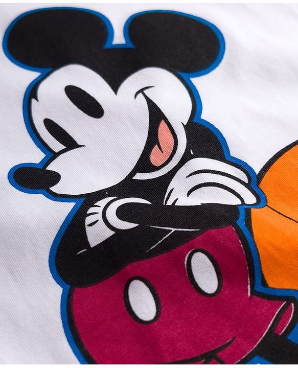 Pine Kids Disney Single Jersey Knit Drop Shoulder Half Sleeves T-Shirt with Mickey Mouse Graphic - White