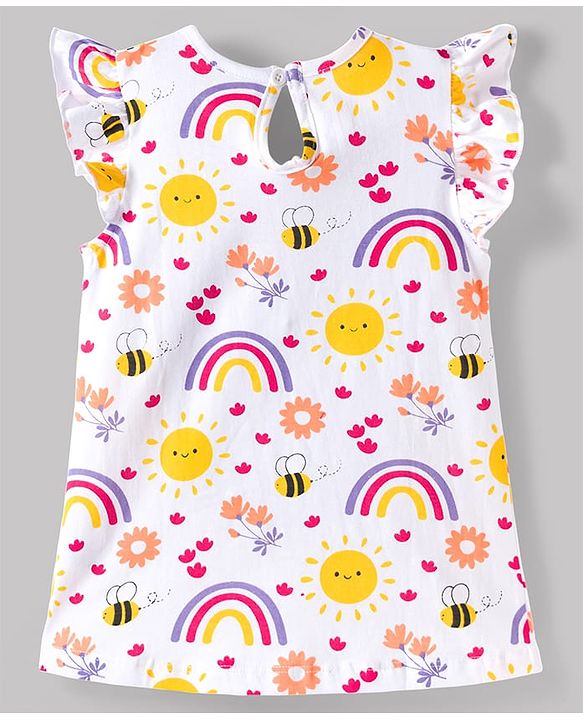 Babyhug Cotton Knit Sleeveless Knee Length Floral & Bees Printed Nighty -White