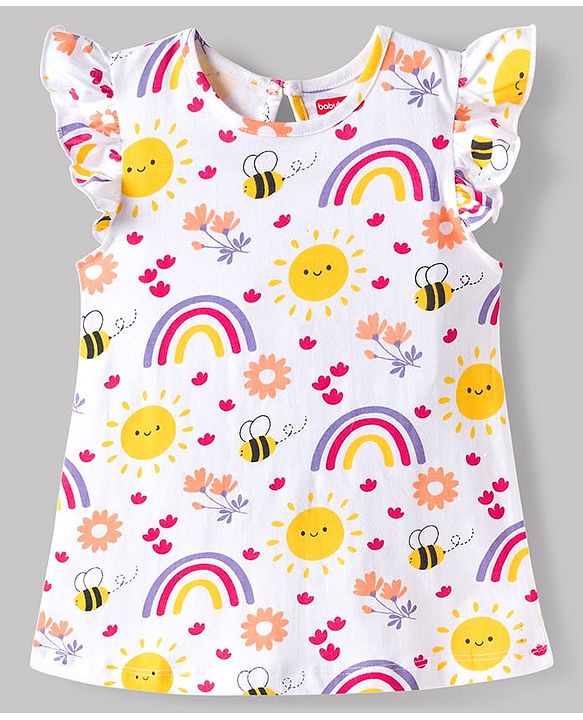 Babyhug Cotton Knit Sleeveless Knee Length Floral & Bees Printed Nighty -White