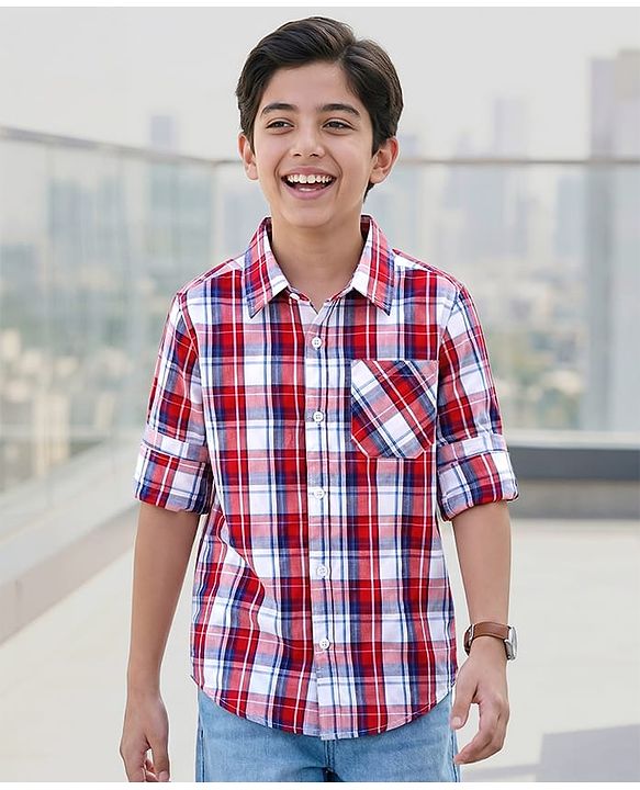 Pine Kids 100% Cotton Woven Full Sleeves Checks Shirt - Red