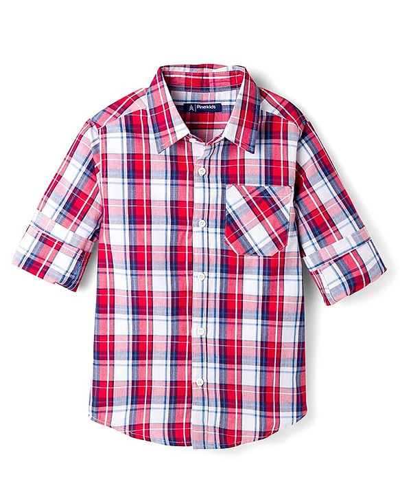 Pine Kids 100% Cotton Woven Full Sleeves Checks Shirt - Red