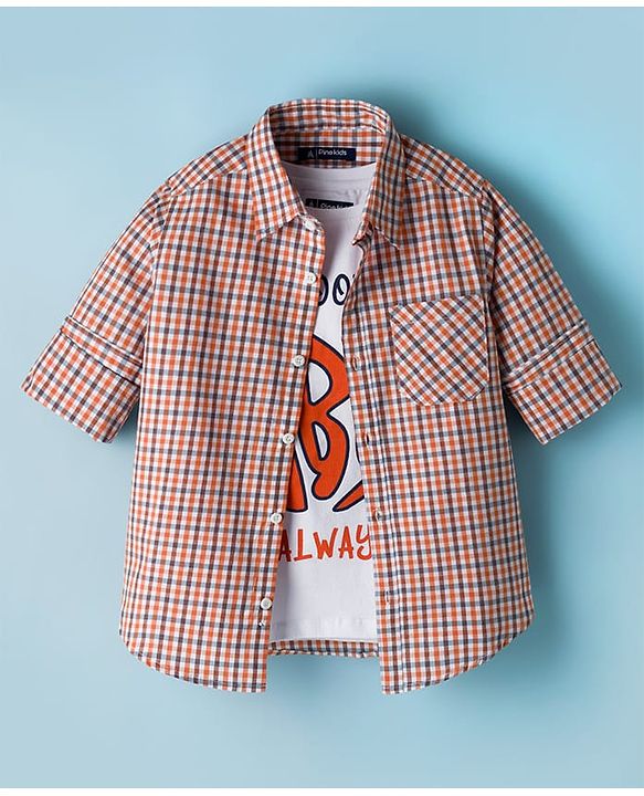 Pine Kids 100% Cotton Woven Full Sleeves Checks Shirt & Sleeveless Tank T-Shirt With Text  Print - Multicolour