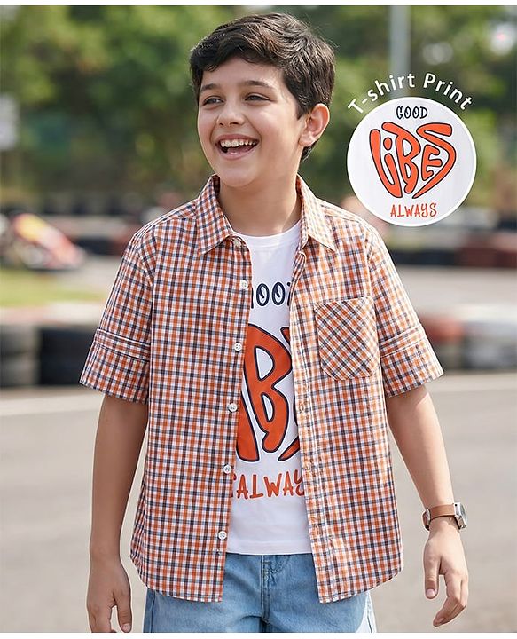 Pine Kids 100% Cotton Woven Full Sleeves Checks Shirt & Sleeveless Tank T-Shirt With Text  Print - Multicolour