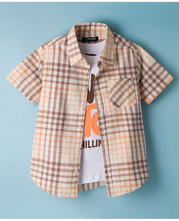 Pine Kids 4-5Y Male Multicolour 100% Cotton Woven Half Sleeves Checks Shirt With Sleeveless Tank T-Shirt