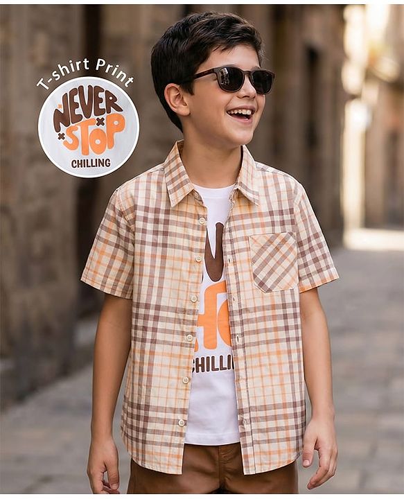Pine Kids 4-5Y Male Multicolour 100% Cotton Woven Half Sleeves Checks Shirt With Sleeveless Tank T-Shirt