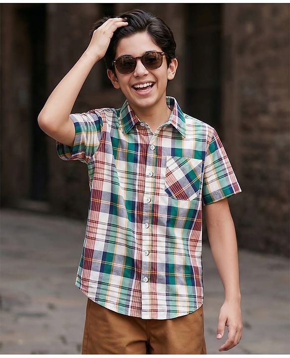 Pine Kids 100% Cotton Woven Half Sleeves Multicolour Checks Shirt for Boys 4-5Y