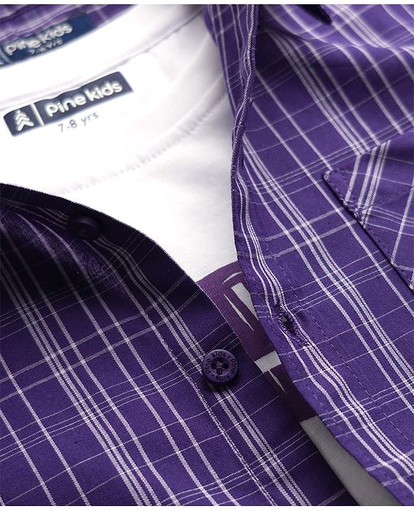 Pine Kids 8-9Y Male Purple 100% Cotton Woven Full Sleeves Checks Shirt With Sleeveless Tank T-Shirt
