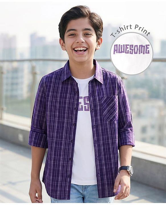 Pine Kids 8-9Y Male Purple 100% Cotton Woven Full Sleeves Checks Shirt With Sleeveless Tank T-Shirt